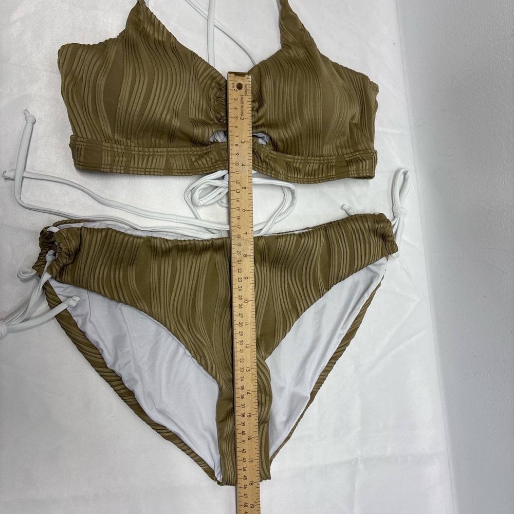 Brown Bikini Set two piece swimsuit size XXL (2XL)White Strims ribbed cross - Picture 7 of 7